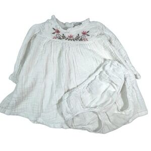 Laughing Llama Baby 9M White Cotton Gauze Floral Embroidered Dress Bloomer Set